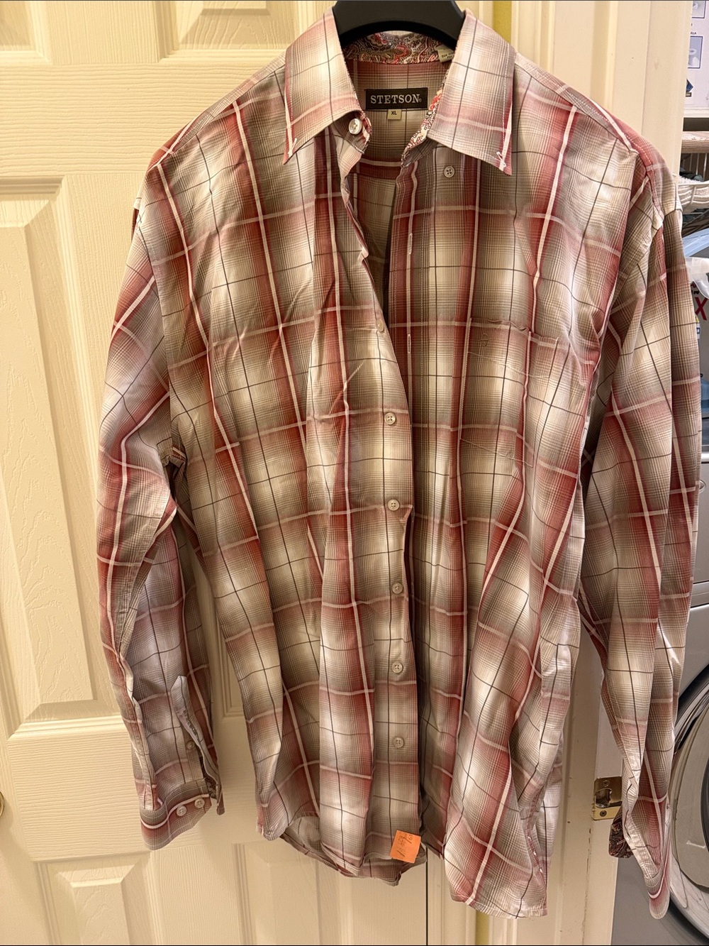 Stetson Men’s Red and White Gradient Plaid Button-Down Shirt